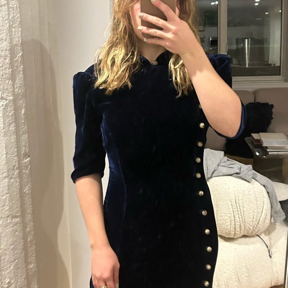 Saloni Taro Velvet Midi Dress Navy - Picture 5 of 8